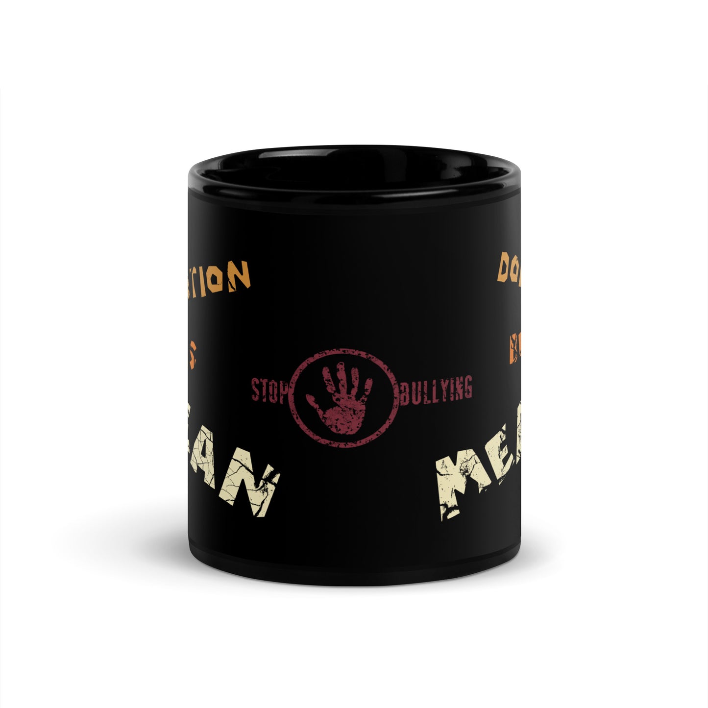 A001 Mug - Black Glossy Ceramic Mug Featuring Stop-Hand Graphic with text “Abortion is Mean. Don’t be Mean.”