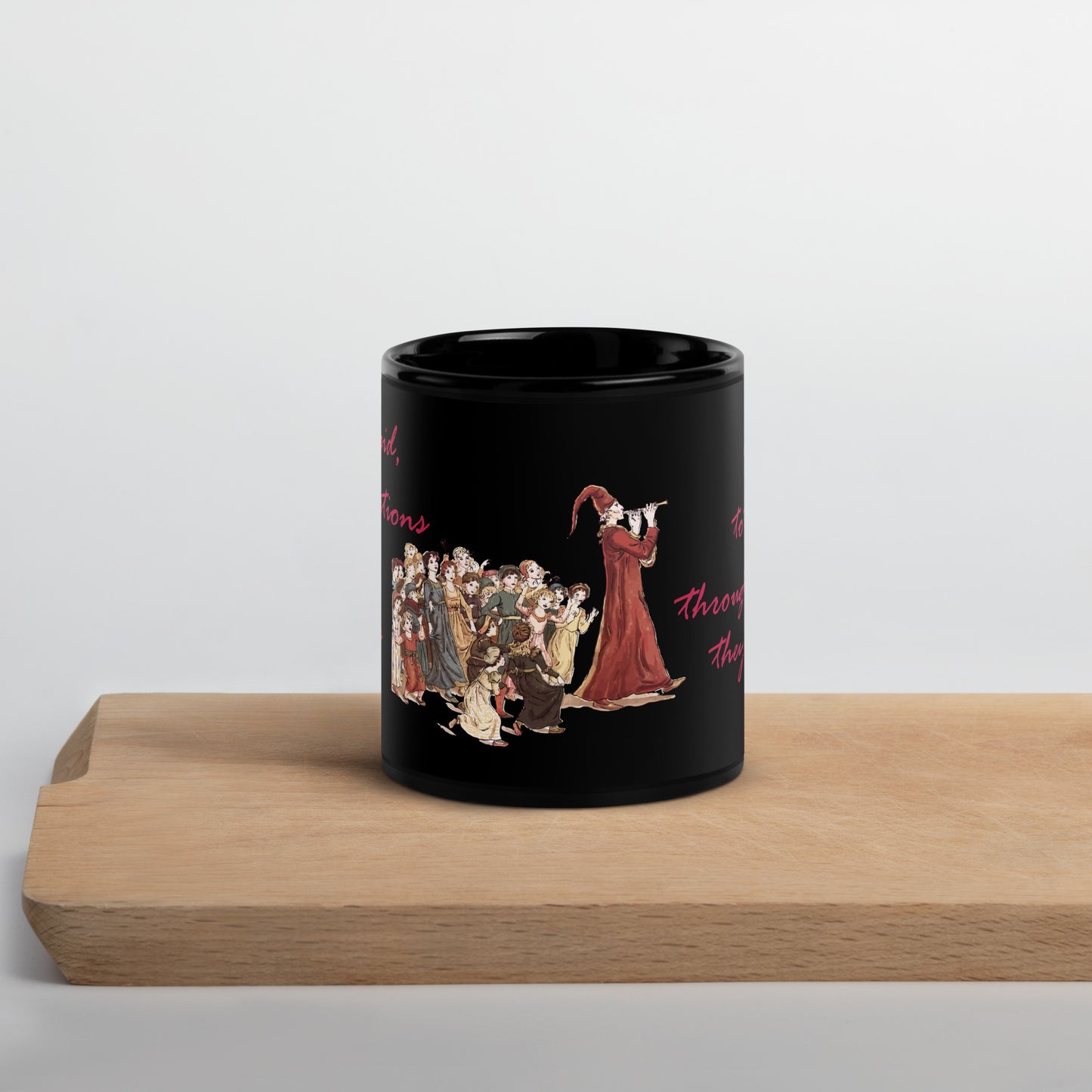 A007 Mug - Black Glossy Ceramic Mug Featuring Luke 17:1 With a Graphic Depiction of the Pied Piper Leading a Mesmerized Crowd.