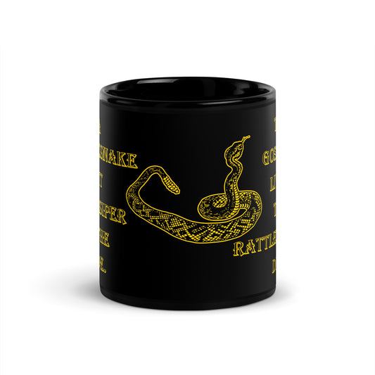 A010 Mug - Black Glossy Ceramic Mug Featuring a Rattlesnake Graphic and the Text “A Rattlesnake Bit a Gossiper in the Side – The Gossiper Lived, The Rattlesnake Died.”