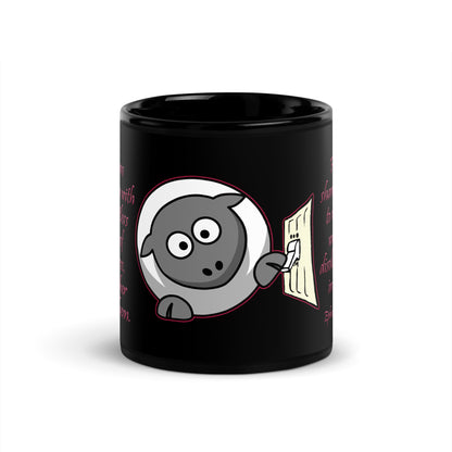 A011 Mug - Black Glossy Ceramic Mug Featuring the Text of Ephesians5v11-12 with a Sheep and Light Switch Graphic.