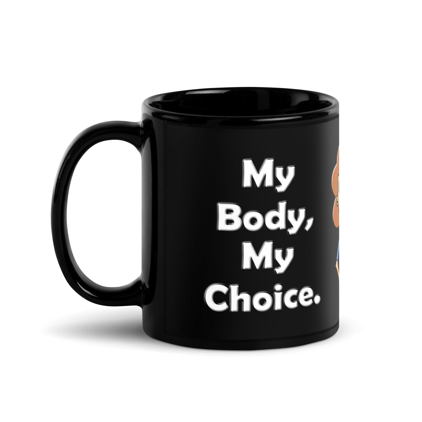 A015 Mug - Black Glossy Ceramic Mug Featuring a Graphic of a Young Pregnant Woman Smoking, with the Text “My Body, My Choice – Anyone Got a Problem with That?”