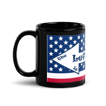 A017 Mug - Black Glossy Ceramic Mug Featuring the Stars and Stripes of the U S Flag with the Text “The Left Is Not Right.”
