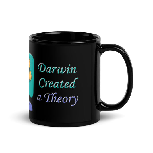 A016 Mug - Black Glossy Ceramic Mug Featuring a Happy Dancing Cat with the Text “God Created Life – Darwin Created a Theory.”