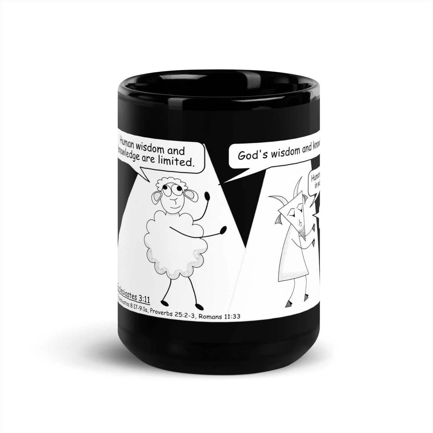 Black Glossy Mug Featuring the Sheep and the Goats Side by Side Cartoon V1-03 Style 2