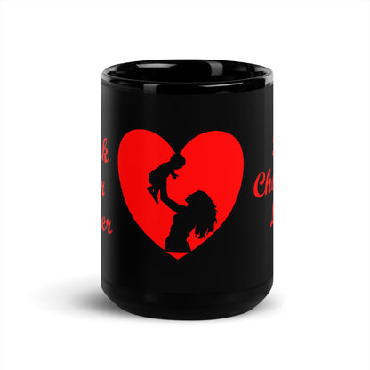 A002 Mug - Black Glossy Ceramic Mug Featuring Mother and Baby Graphic with text “Thank Your Mother For Choosing Life.”