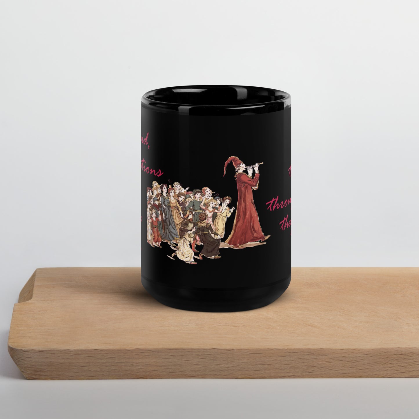 A007 Mug - Black Glossy Ceramic Mug Featuring Luke 17:1 With a Graphic Depiction of the Pied Piper Leading a Mesmerized Crowd.