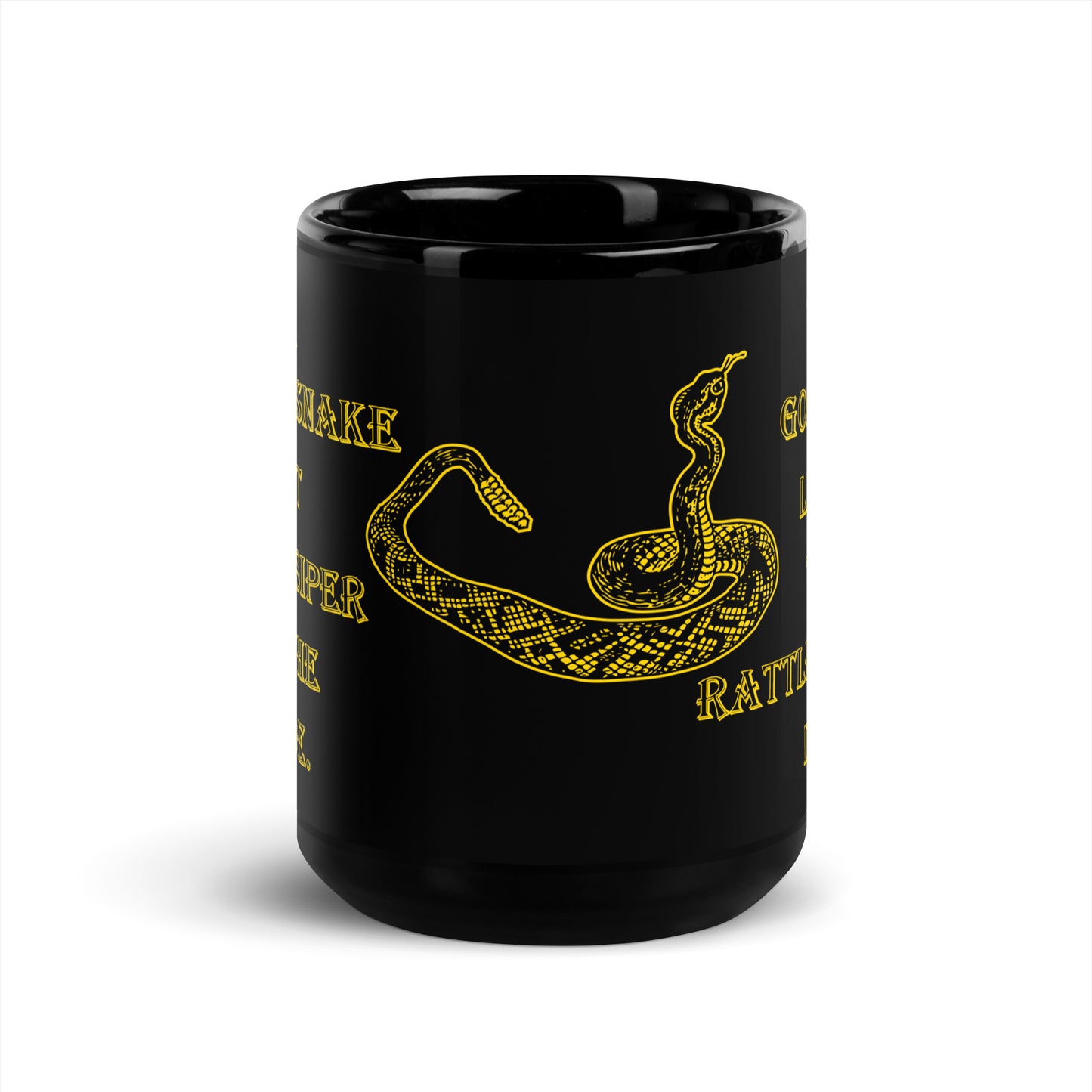 A010 Mug - Black Glossy Ceramic Mug Featuring a Rattlesnake Graphic and the Text “A Rattlesnake Bit a Gossiper in the Side – The Gossiper Lived, The Rattlesnake Died.”