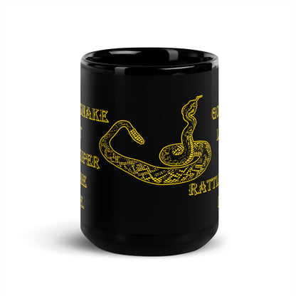 A010 Mug - Black Glossy Ceramic Mug Featuring a Rattlesnake Graphic and the Text “A Rattlesnake Bit a Gossiper in the Side – The Gossiper Lived, The Rattlesnake Died.”