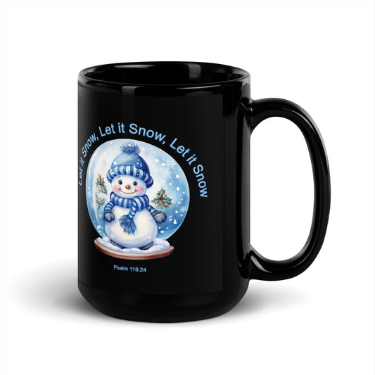 A020 Mug - Black Glossy Ceramic Mug Featuring a Cute Little Snowman in a Snow Globe with the Text “Let it Snow, Let it Snow, Let it Snow.”