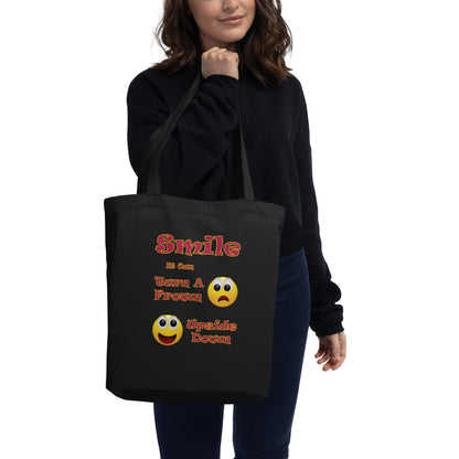 A008 Tote – Eco Tote Bag Featuring a Smiley Graphic With the Text “Smile - It Can Turn a Frown Upside Down”