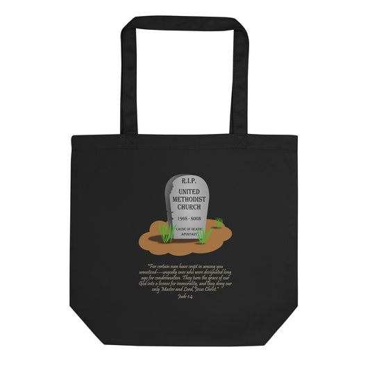 A009 Tote – Eco Tote Bag Featuring Jude 1:4 with a Graphic of a Tombstone Bearing the Text “R.I.P. United Methodist Church, 1968-SOON, Cause of Death: Apostasy.