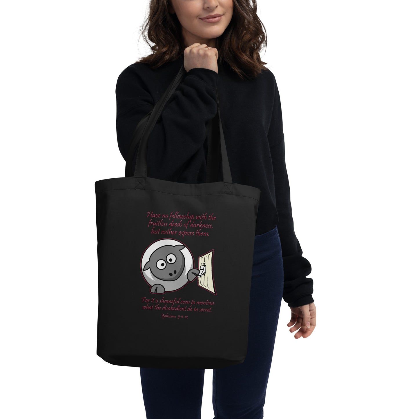 A011 Tote – Eco Tote Bag Featuring the Text of Ephesians 5v11-12 with a Sheep and Light Switch Graphic.
