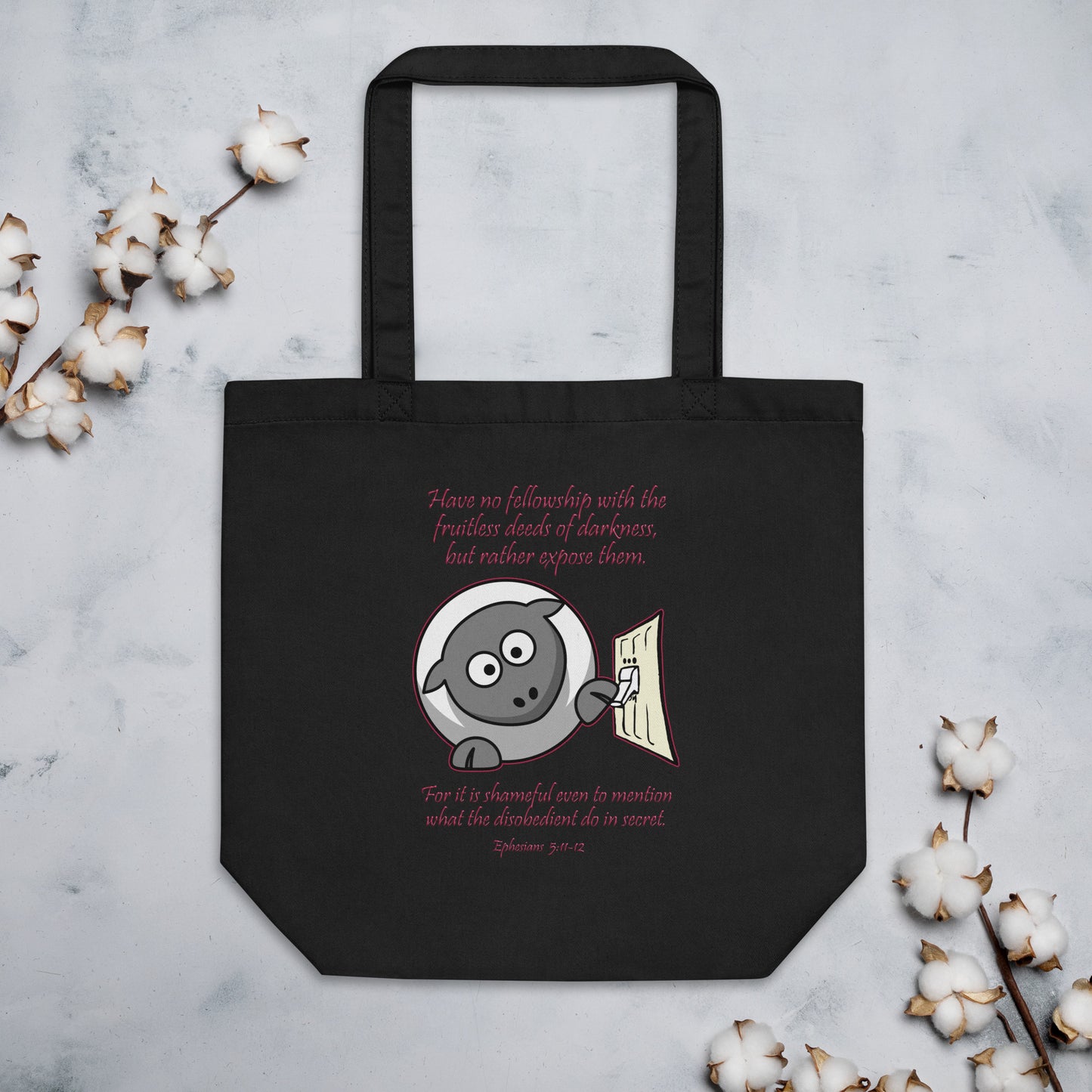 A011 Tote – Eco Tote Bag Featuring the Text of Ephesians 5v11-12 with a Sheep and Light Switch Graphic.