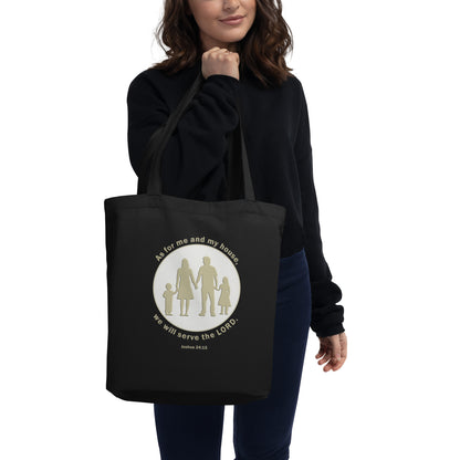 A014 Tote – Eco Tote Bag Featuring a Silhouette Graphic of a Young Family with the Text of Joshua 24 verse 15 “As for Me and My House, We Will Serve the LORD.”