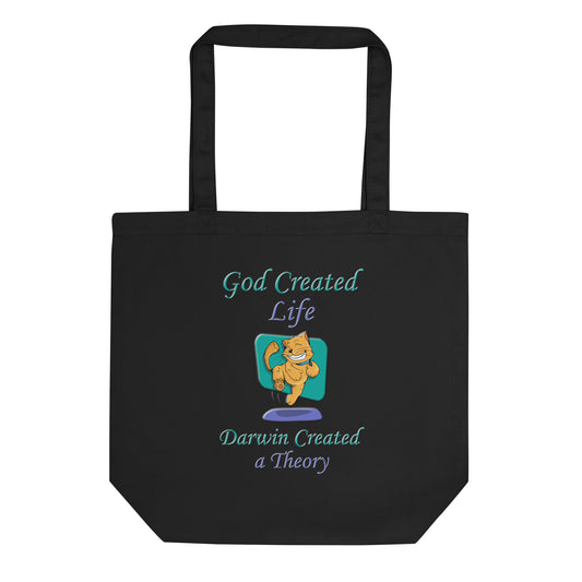A016 Tote – Eco Tote Bag Featuring a Happy Dancing Cat with the Text “God Created Life – Darwin Created a Theory.”