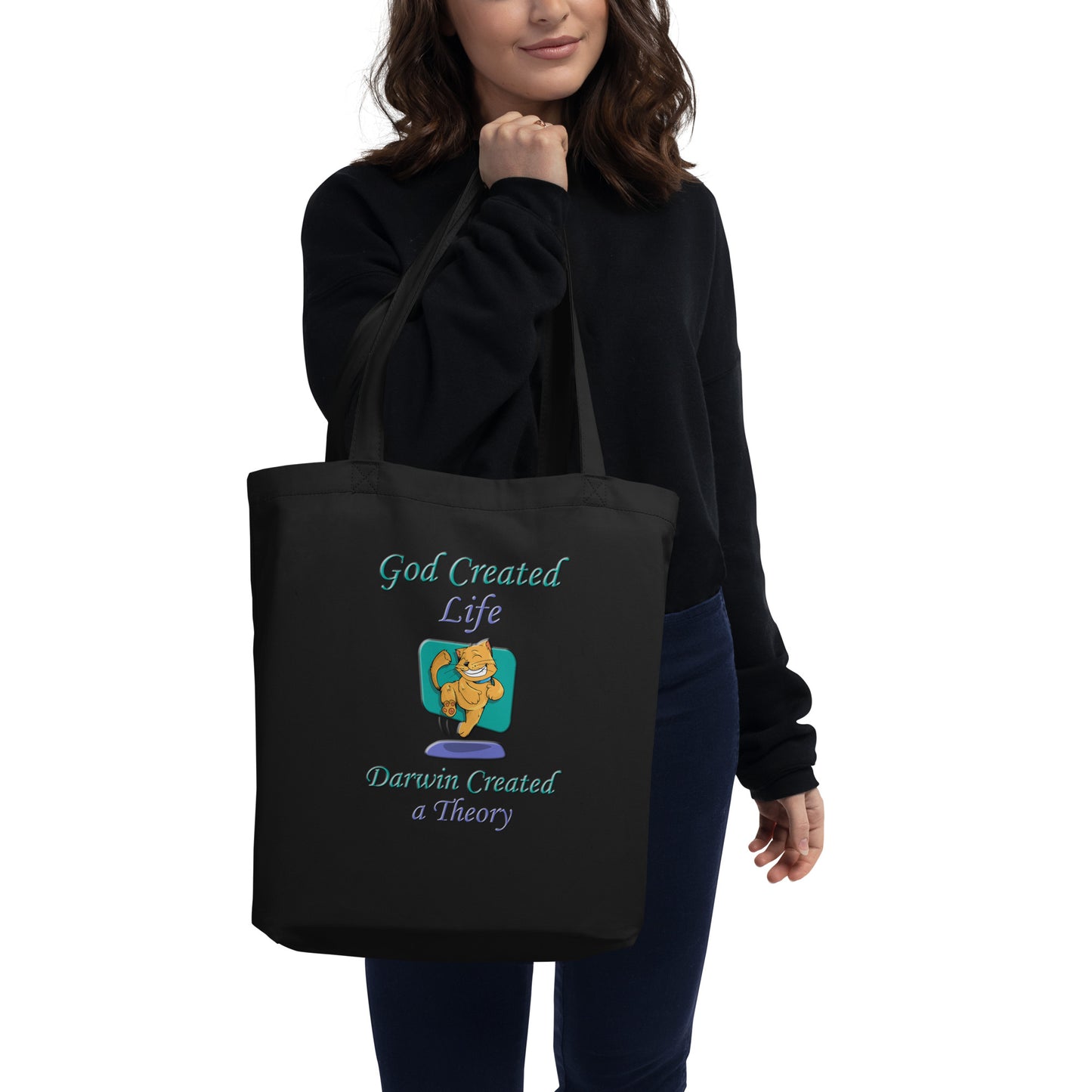 A016 Tote – Eco Tote Bag Featuring a Happy Dancing Cat with the Text “God Created Life – Darwin Created a Theory.”