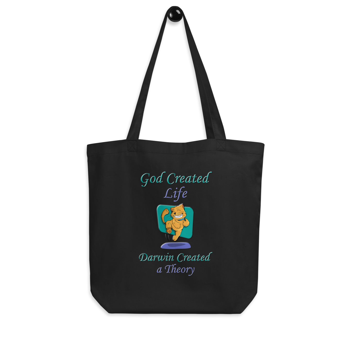 A016 Tote – Eco Tote Bag Featuring a Happy Dancing Cat with the Text “God Created Life – Darwin Created a Theory.”