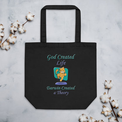 A016 Tote – Eco Tote Bag Featuring a Happy Dancing Cat with the Text “God Created Life – Darwin Created a Theory.”