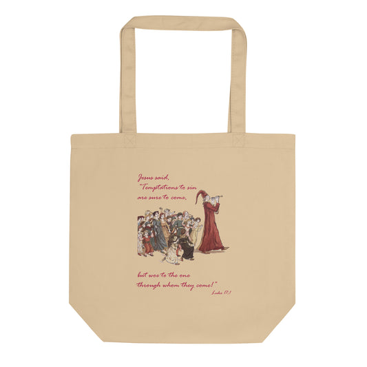 A007 Tote – Eco Tote Bag Featuring Luke 17:1 With a Graphic Depiction of the Pied Piper Leading a Mesmerized Crowd.