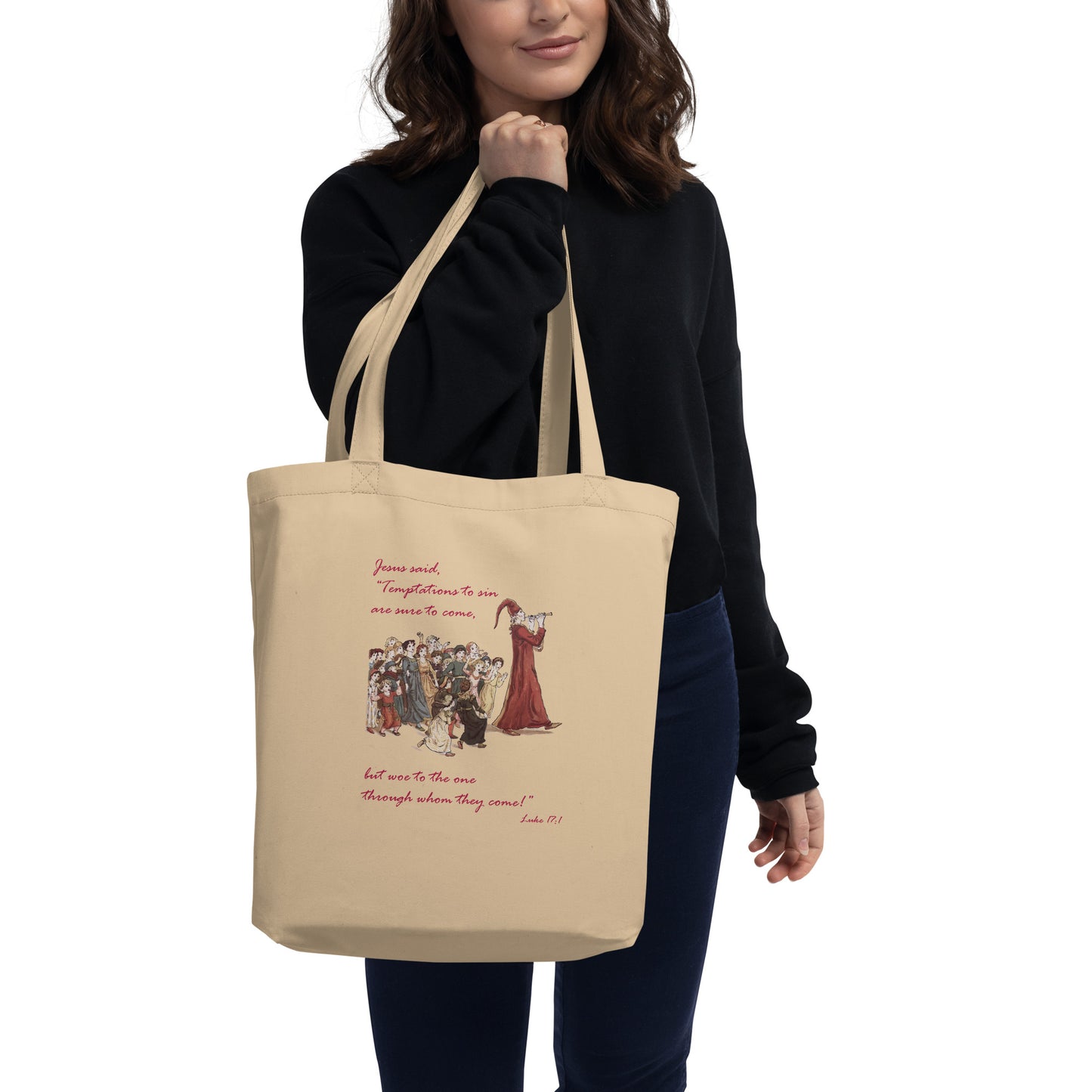 A007 Tote – Eco Tote Bag Featuring Luke 17:1 With a Graphic Depiction of the Pied Piper Leading a Mesmerized Crowd.
