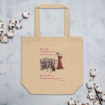 A007 Tote – Eco Tote Bag Featuring Luke 17:1 With a Graphic Depiction of the Pied Piper Leading a Mesmerized Crowd.