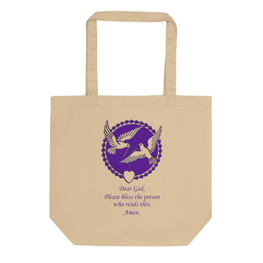 A013 Tote – Eco Tote Bag Featuring a Graphic of Doves and Hearts with the Text “Dear God, Please Bless the Person Who Reads This, Amen.”