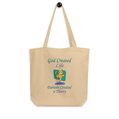 A016 Tote – Eco Tote Bag Featuring a Happy Dancing Cat with the Text “God Created Life – Darwin Created a Theory.”