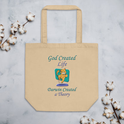 A016 Tote – Eco Tote Bag Featuring a Happy Dancing Cat with the Text “God Created Life – Darwin Created a Theory.”