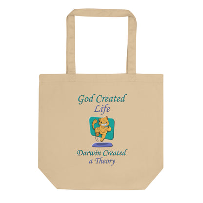 A016 Tote – Eco Tote Bag Featuring a Happy Dancing Cat with the Text “God Created Life – Darwin Created a Theory.”