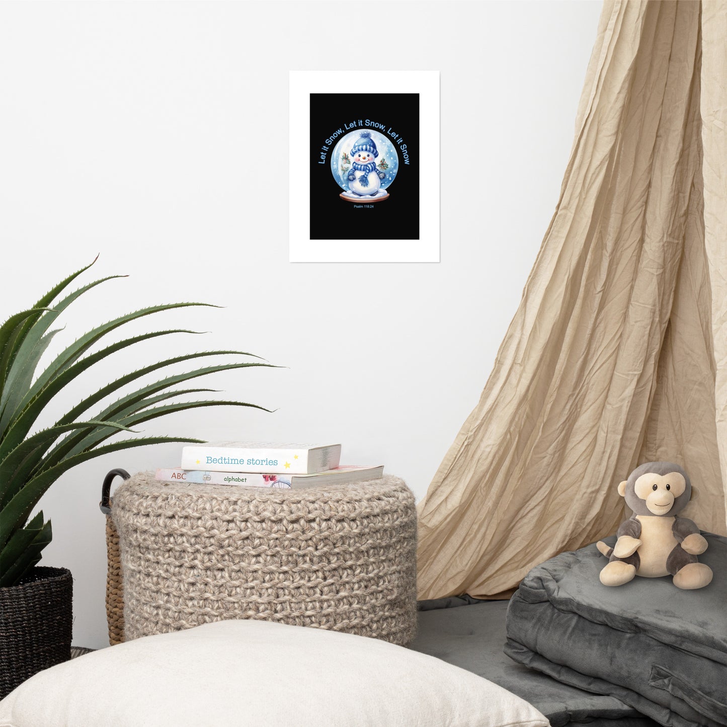 A020 Art Print - Museum Quality Giclée Print Featuring a Cute Little Snowman in a Snow Globe with the Text “Let it Snow, Let it Snow, Let it Snow.”