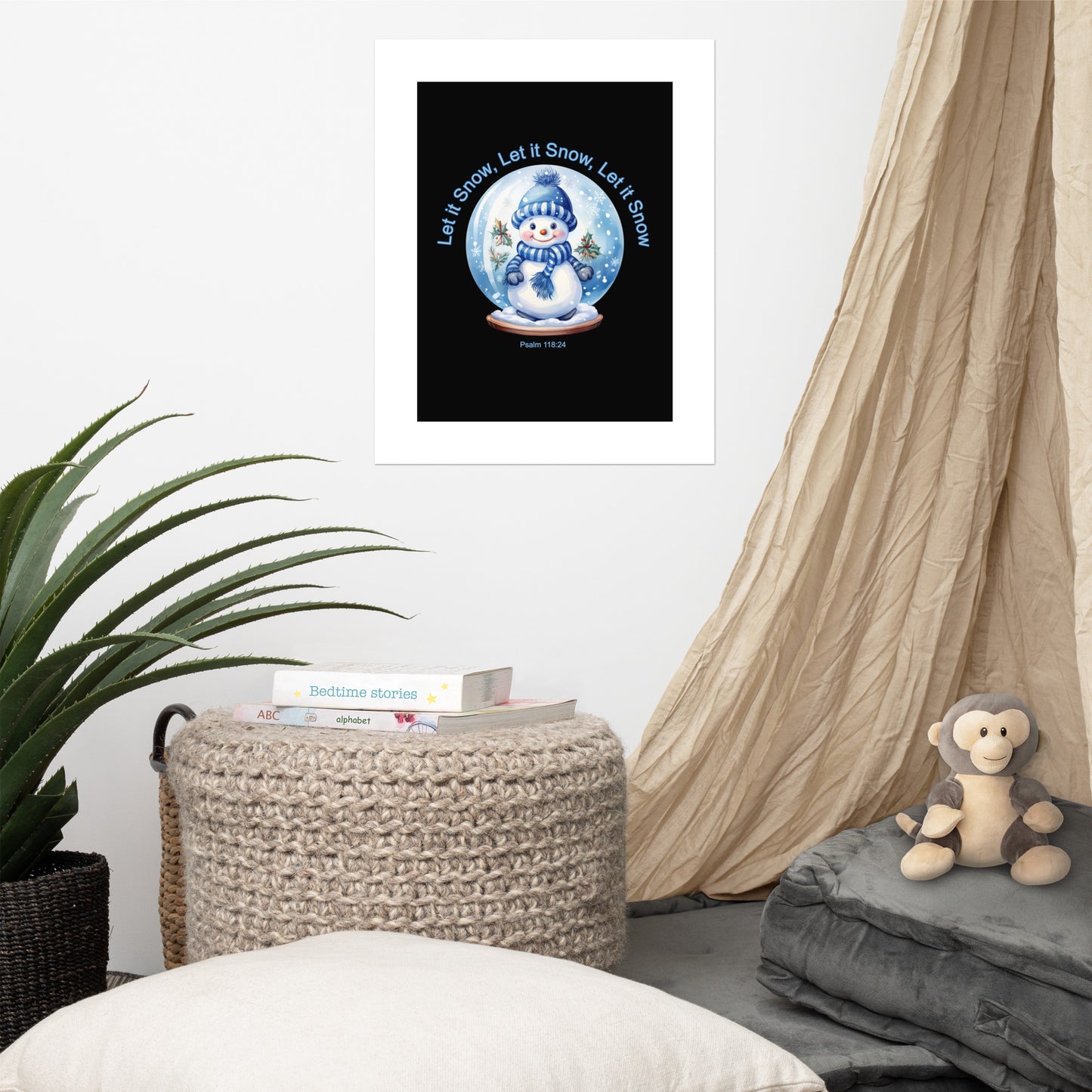 A020 Art Print - Museum Quality Giclée Print Featuring a Cute Little Snowman in a Snow Globe with the Text “Let it Snow, Let it Snow, Let it Snow.”