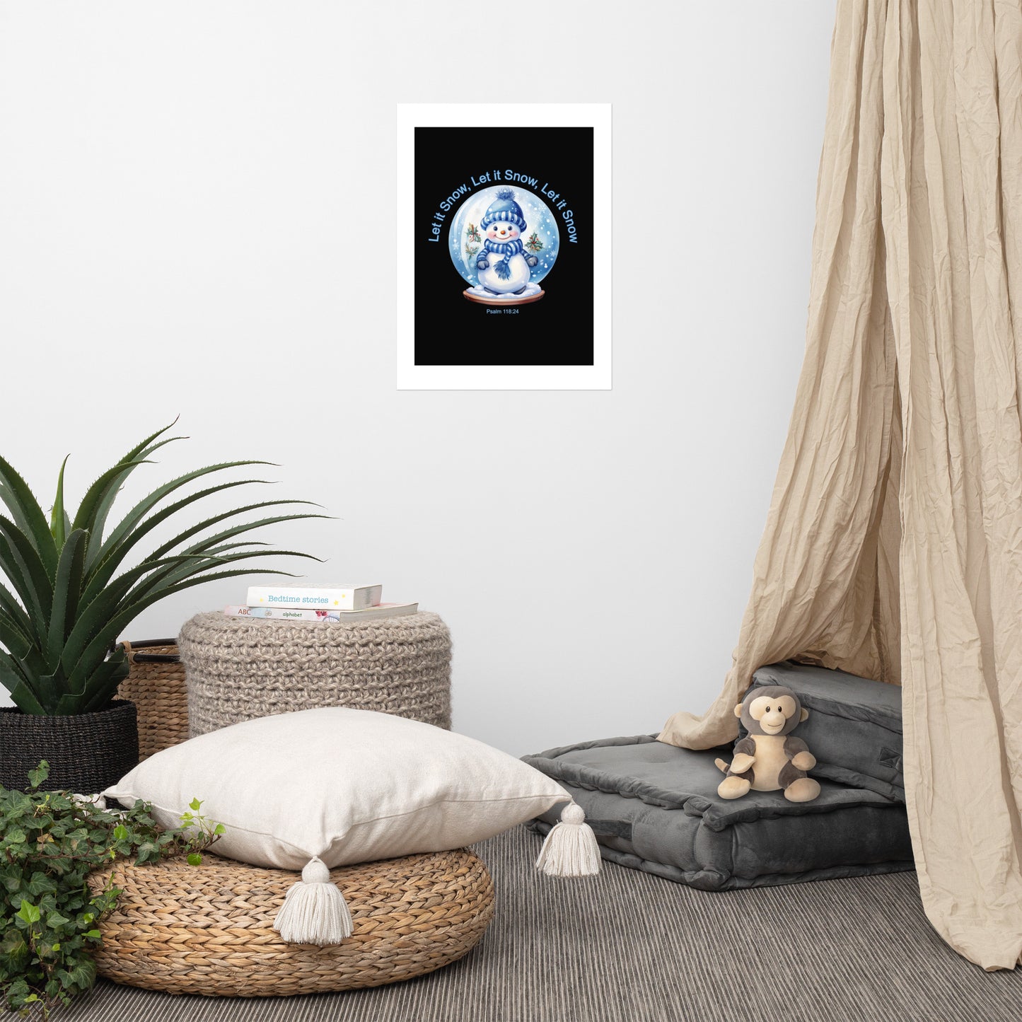 A020 Art Print - Museum Quality Giclée Print Featuring a Cute Little Snowman in a Snow Globe with the Text “Let it Snow, Let it Snow, Let it Snow.”