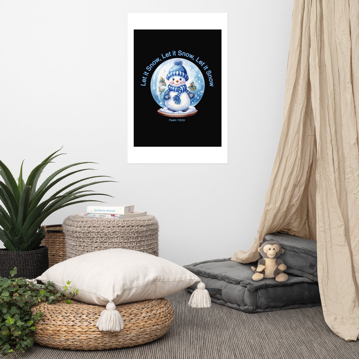 A020 Art Print - Museum Quality Giclée Print Featuring a Cute Little Snowman in a Snow Globe with the Text “Let it Snow, Let it Snow, Let it Snow.”