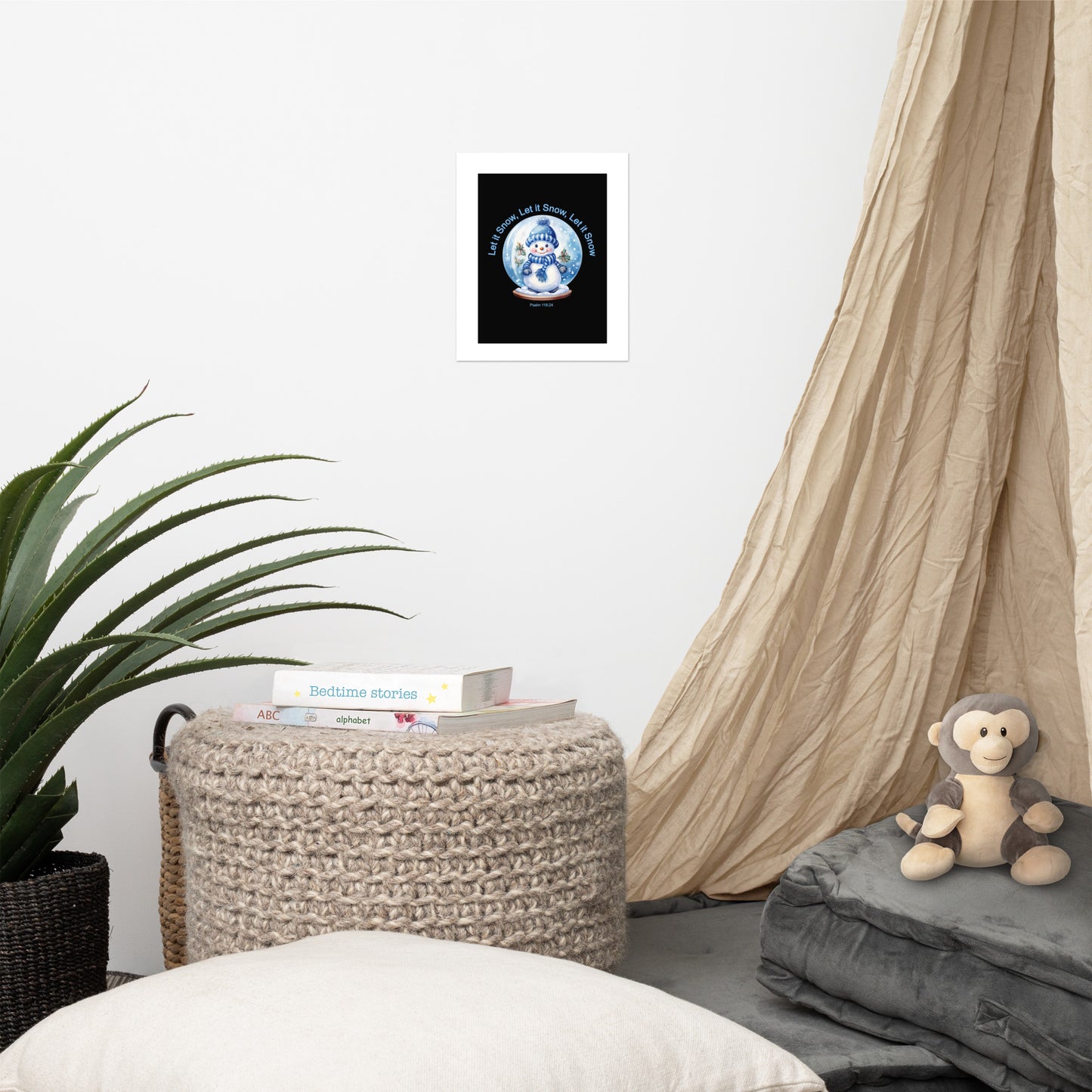 A020 Art Print - Museum Quality Giclée Print Featuring a Cute Little Snowman in a Snow Globe with the Text “Let it Snow, Let it Snow, Let it Snow.”