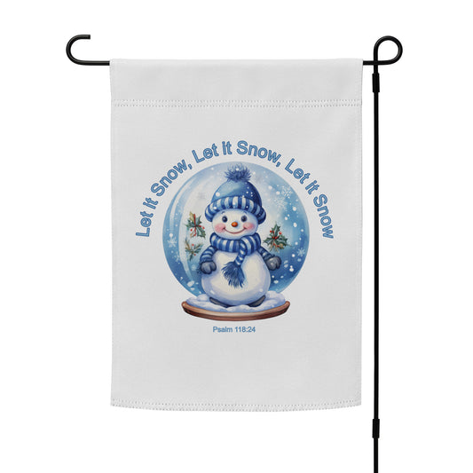 Premium Weather-Resistant Garden Flag Featuring a Cute Little Snowman in a Snow Globe with the Text “Let it Snow, Let it Snow, Let it Snow.”