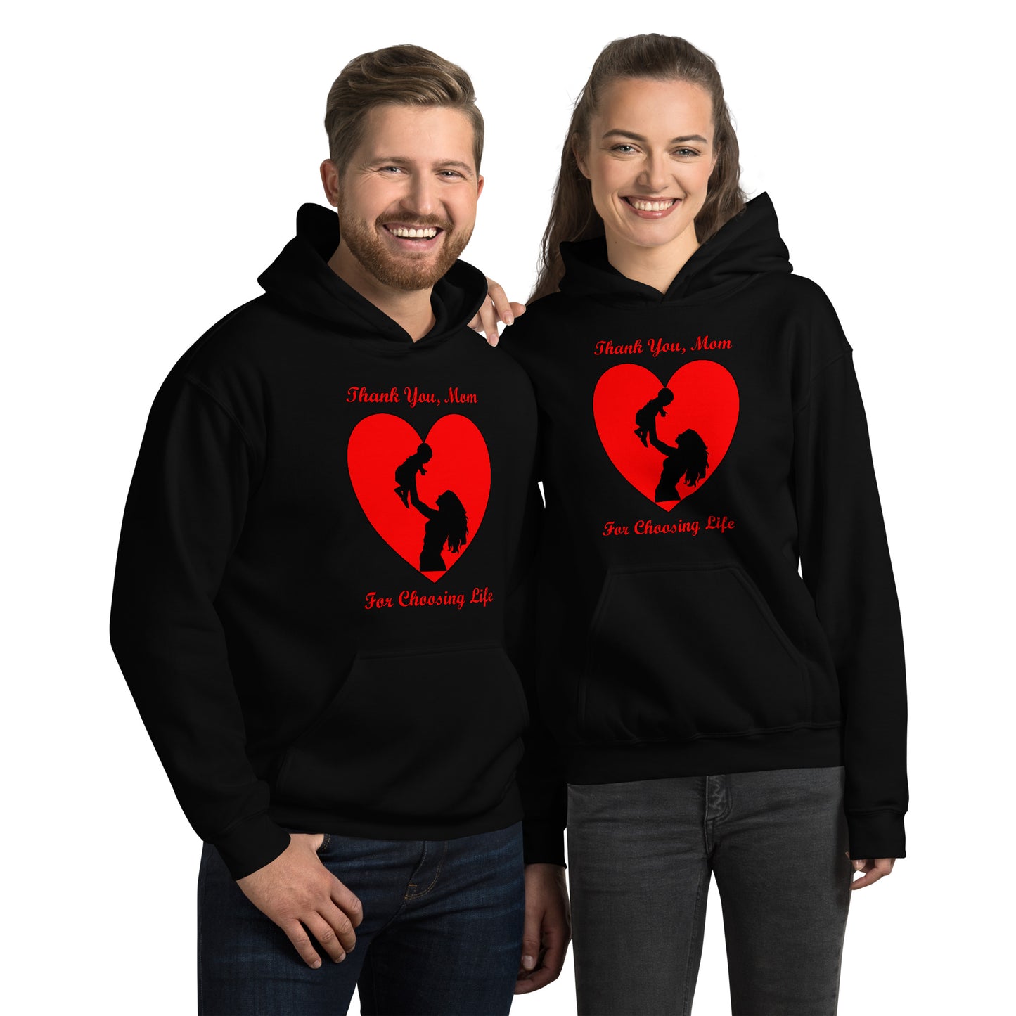 A002 Hoodie – Gildan 18500 Unisex Hoodie Featuring Mother and Baby Graphic with text “Thank You, Mom For Choosing Life.”