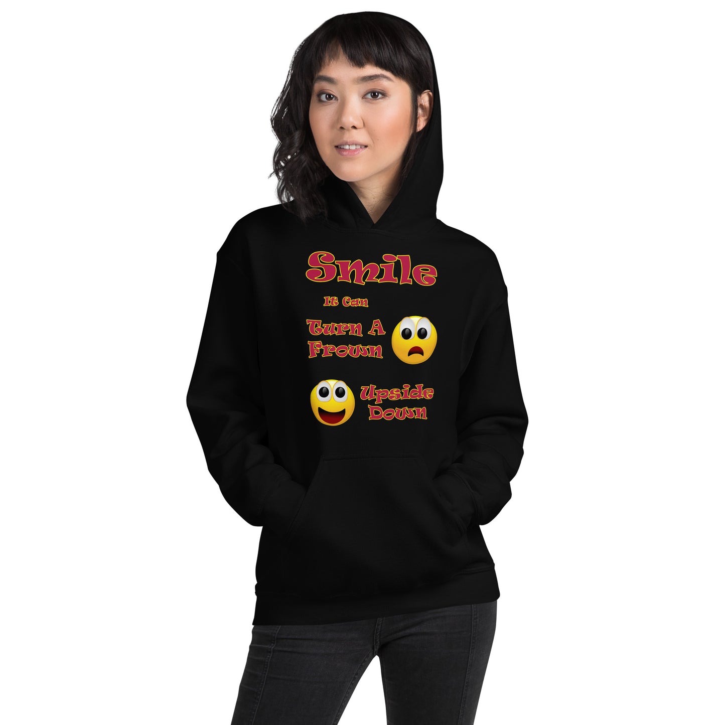 A008 Hoodie – Gildan 18500 Unisex Hoodie Featuring a Smiley Graphic With the Text “Smile - It Can Turn a Frown Upside Down”