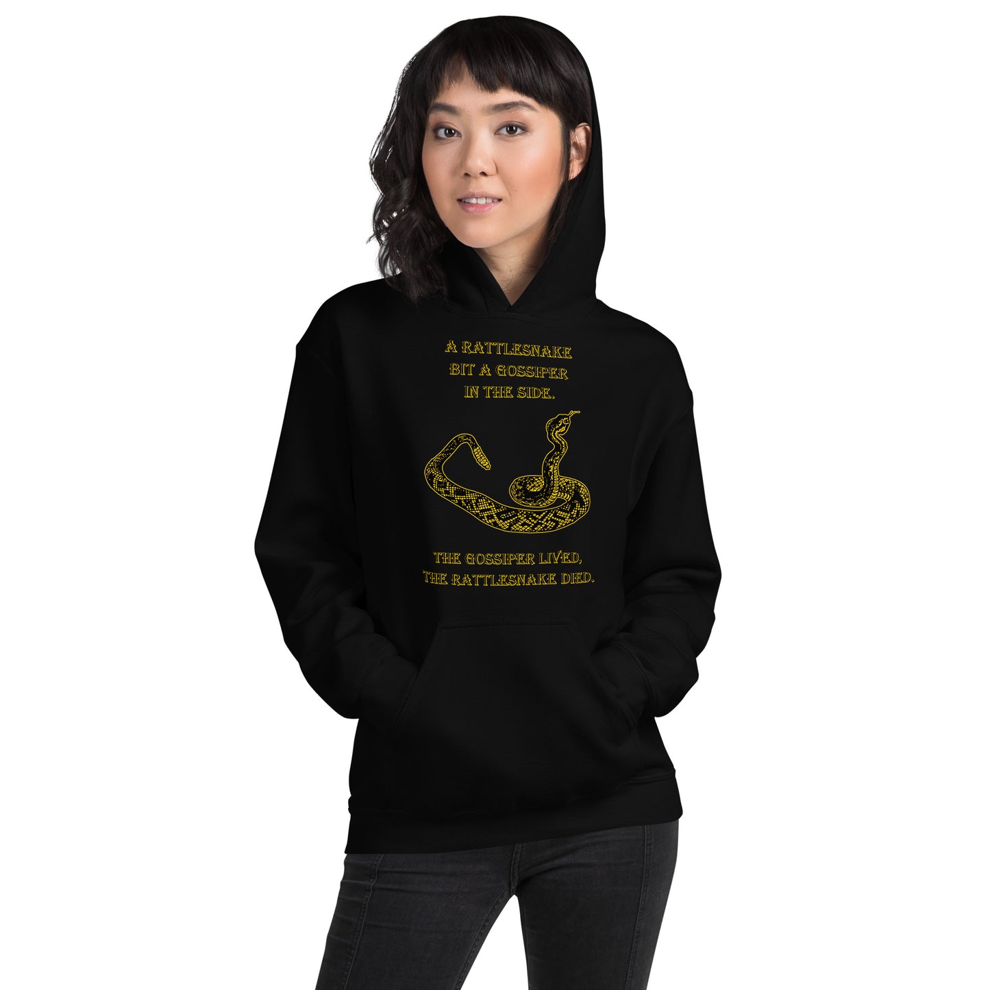 A010 Hoodie – Gildan 18500 Unisex Hoodie Featuring a Rattlesnake Graphic and the Text “A Rattlesnake Bit a Gossiper in the Side – The Gossiper Lived, The Rattlesnake Died.”