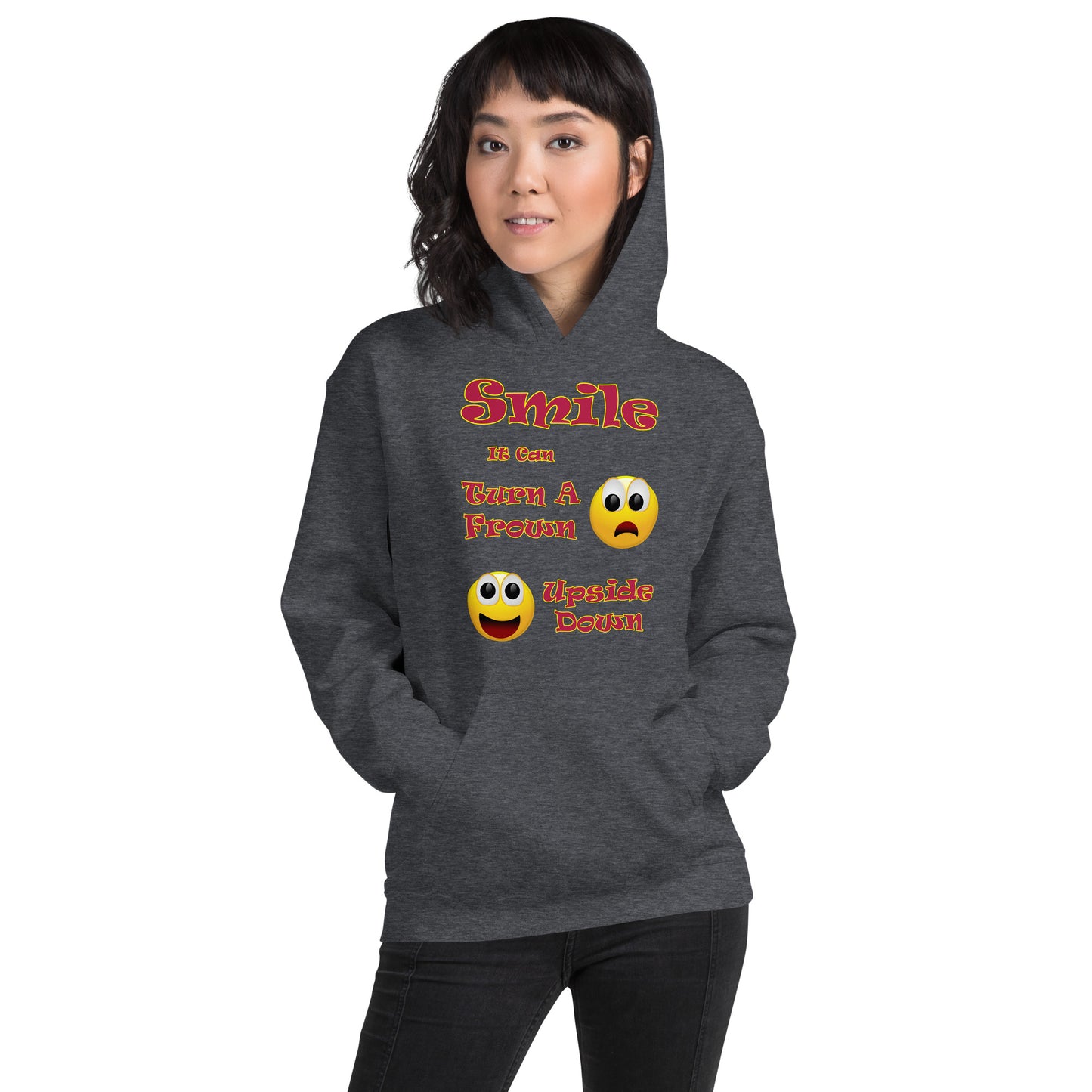 A008 Hoodie – Gildan 18500 Unisex Hoodie Featuring a Smiley Graphic With the Text “Smile - It Can Turn a Frown Upside Down”