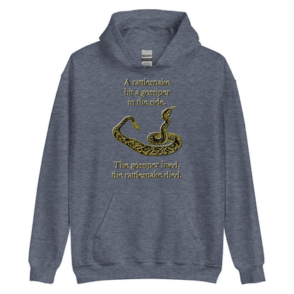A010 Hoodie – Gildan 18500 Unisex Hoodie Featuring a Rattlesnake Graphic and the Text “A Rattlesnake Bit a Gossiper in the Side – The Gossiper Lived, The Rattlesnake Died.”