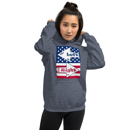 A017 Hoodie – Gildan 18500 Unisex Hoodie Featuring the Stars and Stripes of the U S Flag with the Text “The Left Is Not Right.”
