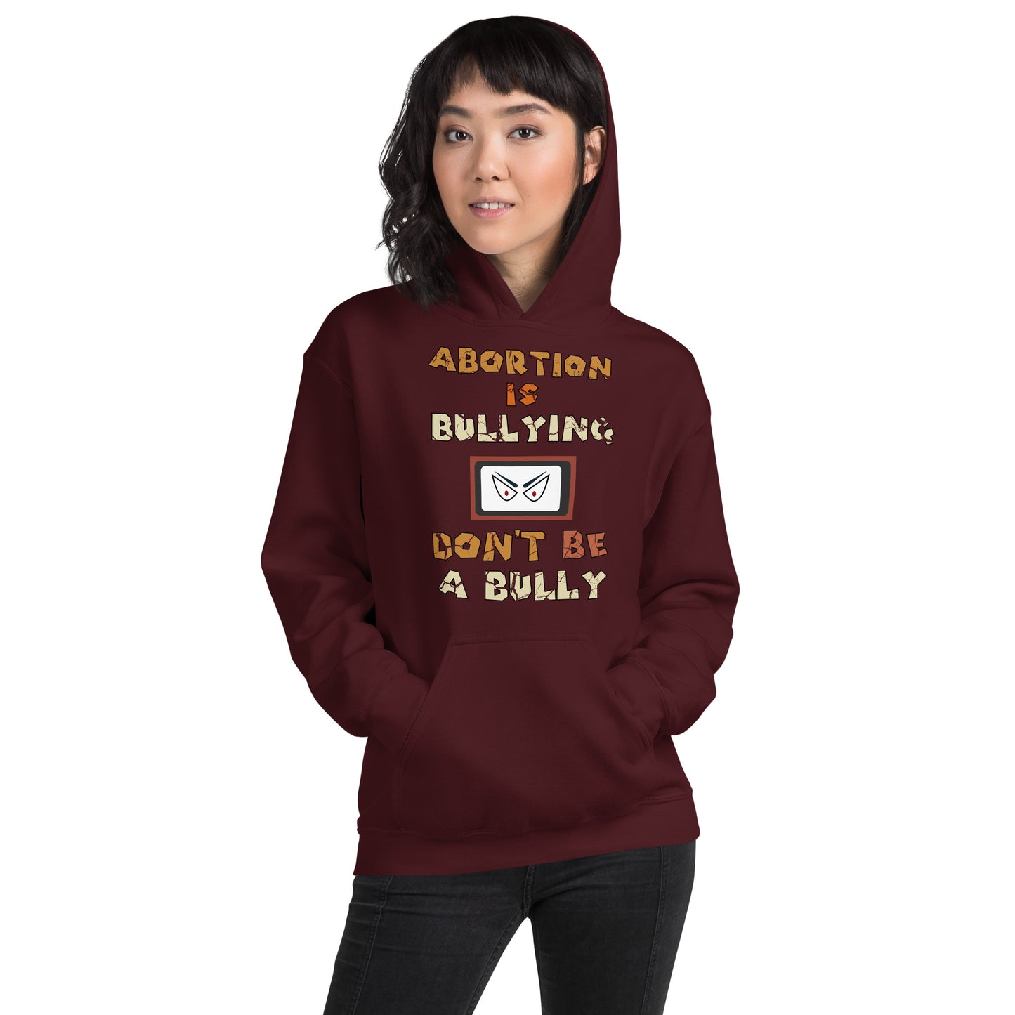A001 Hoodie – Gildan 18500 Unisex Hoodie Featuring Sinister Eyes Graphic with text “Abortion is Bullying. Don’t be a Bully.”