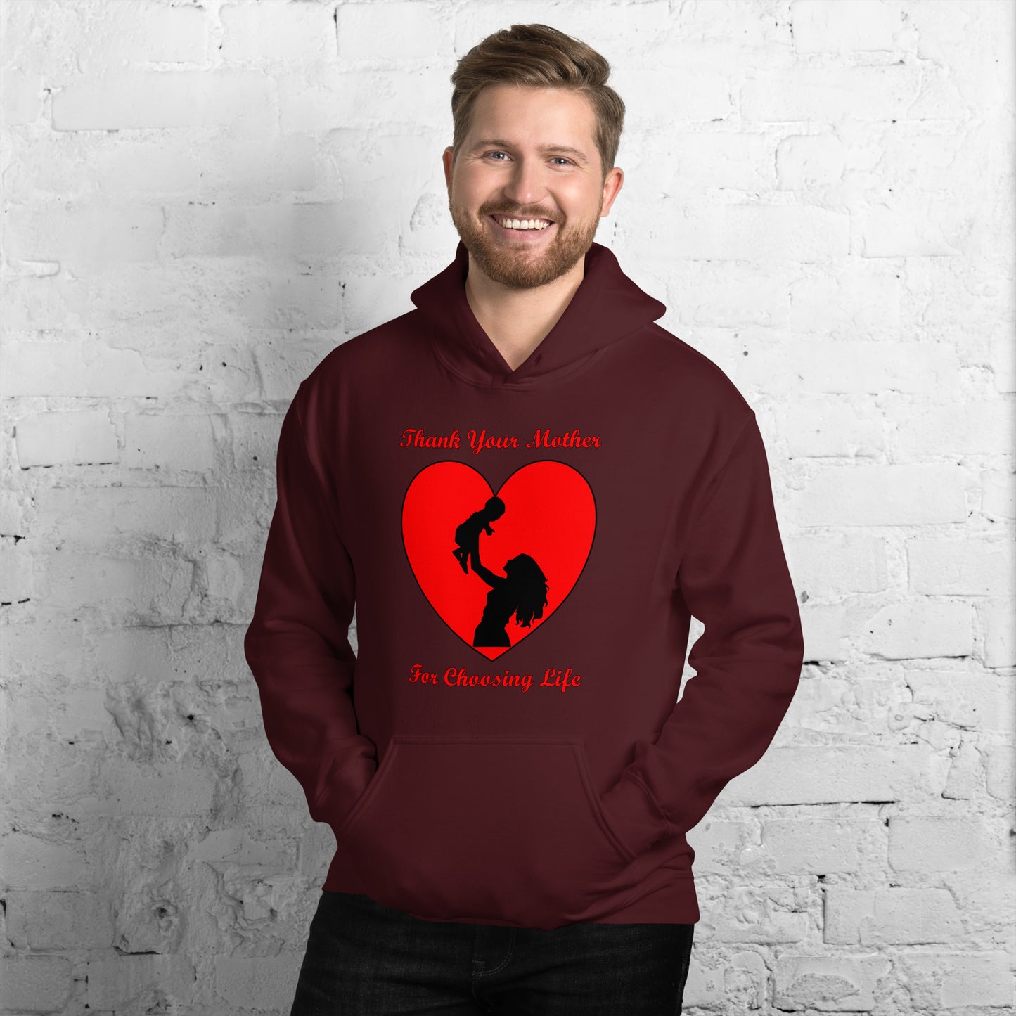 A002 Hoodie – Gildan 18500 Unisex Hoodie Featuring Mother and Baby Graphic with text “Thank Your Mother For Choosing Life.”