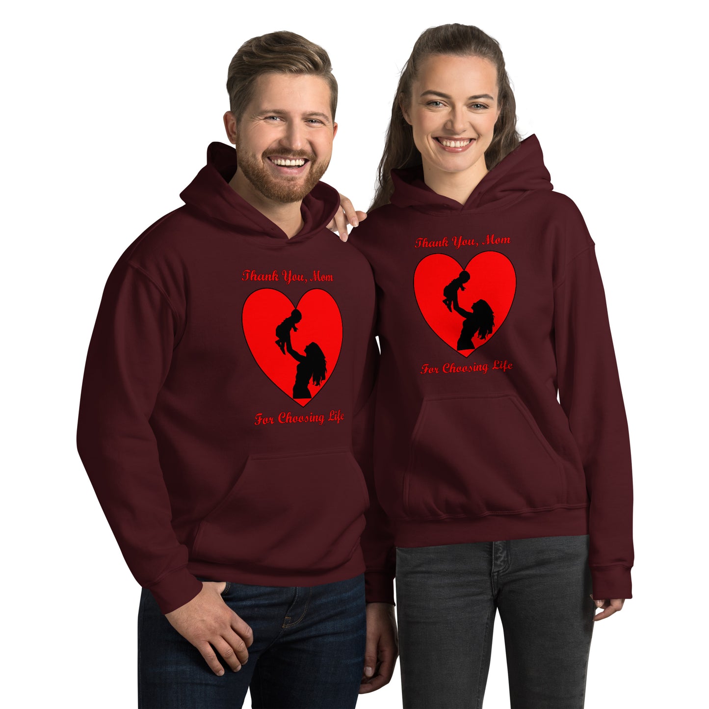 A002 Hoodie – Gildan 18500 Unisex Hoodie Featuring Mother and Baby Graphic with text “Thank You, Mom For Choosing Life.”