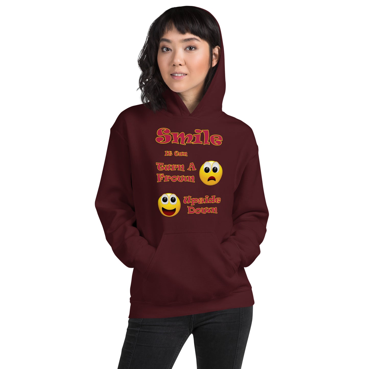 A008 Hoodie – Gildan 18500 Unisex Hoodie Featuring a Smiley Graphic With the Text “Smile - It Can Turn a Frown Upside Down”