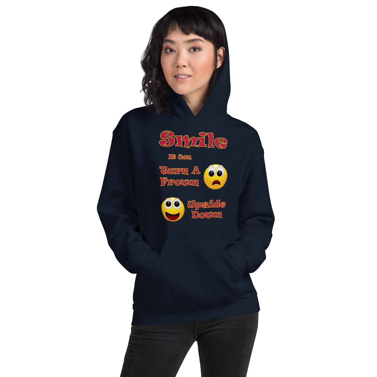 A008 Hoodie – Gildan 18500 Unisex Hoodie Featuring a Smiley Graphic With the Text “Smile - It Can Turn a Frown Upside Down”