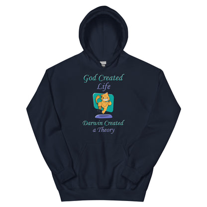 A016 Hoodie – Gildan 18500 Unisex Hoodie Featuring a Happy Dancing Cat with the Text “God Created Life – Darwin Created a Theory.”