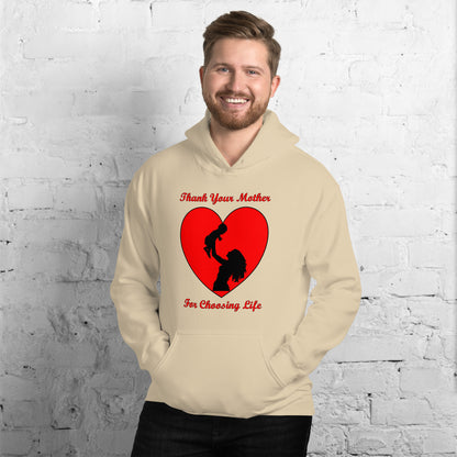 A002 Hoodie – Gildan 18500 Unisex Hoodie Featuring Mother and Baby Graphic with text “Thank Your Mother For Choosing Life.”