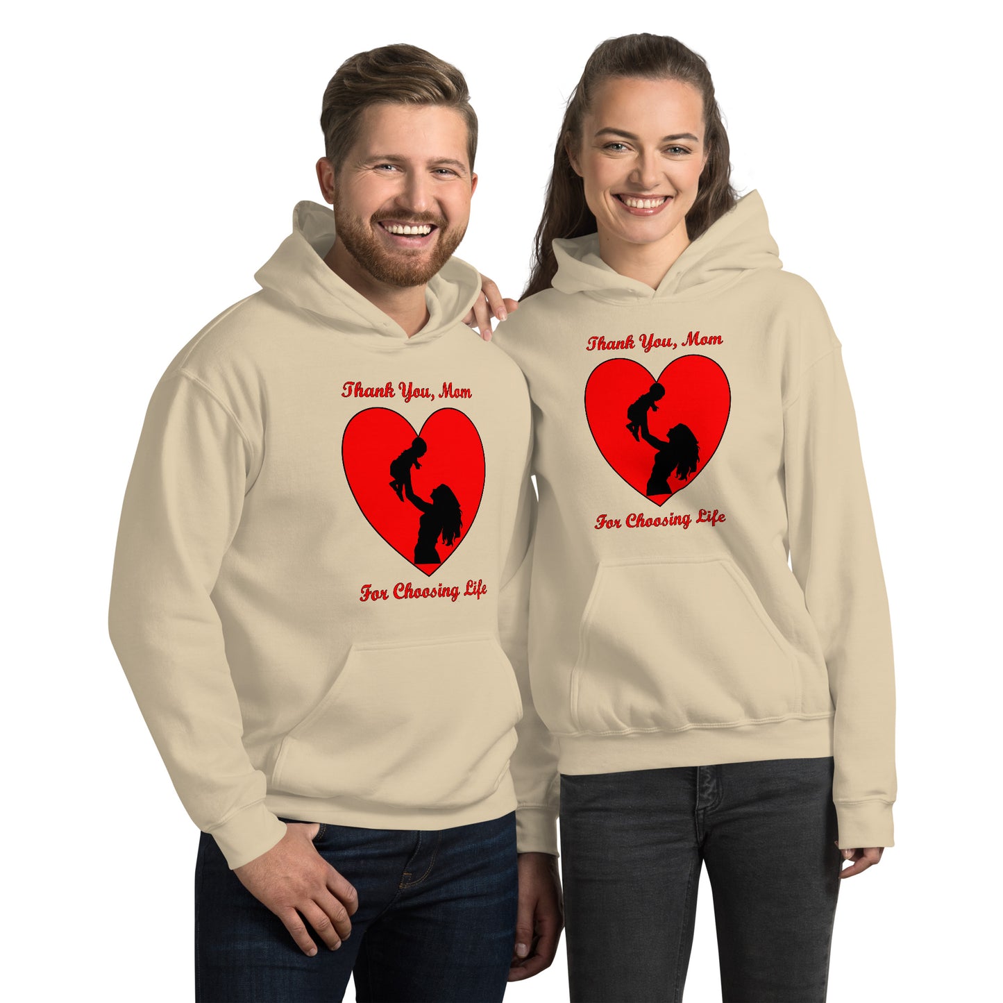 A002 Hoodie – Gildan 18500 Unisex Hoodie Featuring Mother and Baby Graphic with text “Thank You, Mom For Choosing Life.”