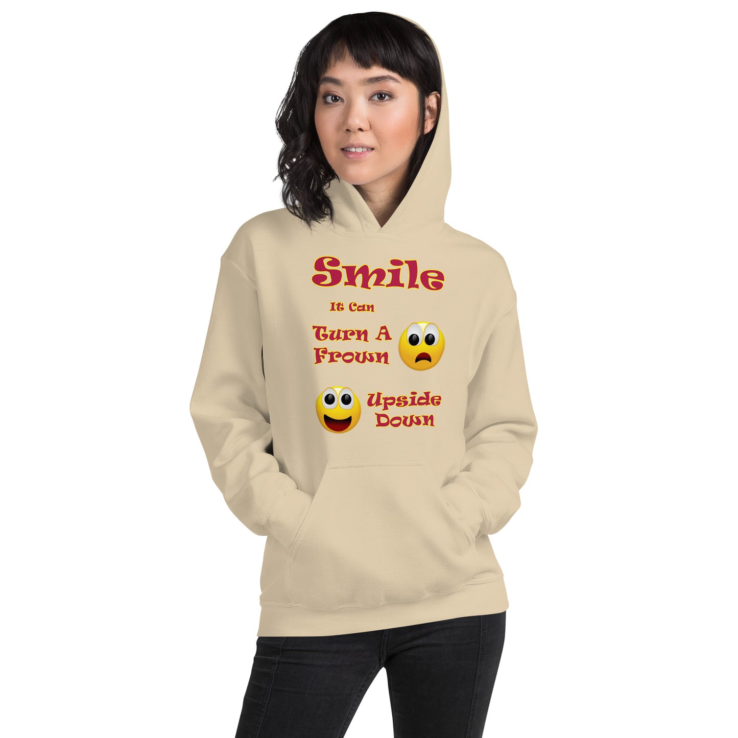 A008 Hoodie – Gildan 18500 Unisex Hoodie Featuring a Smiley Graphic With the Text “Smile - It Can Turn a Frown Upside Down”